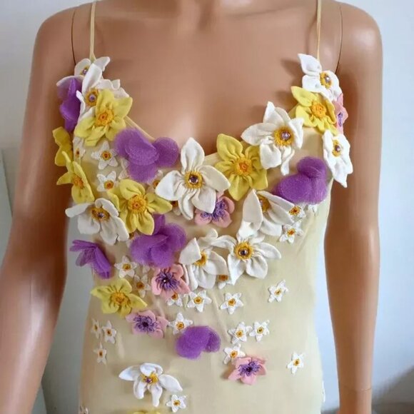 MOSCHINO IVORY LEMON 3D FLOWER APPLIQUES BEADED SILK SLIP DRESS USA 12 IT46 PURP - Picture 4 of 13